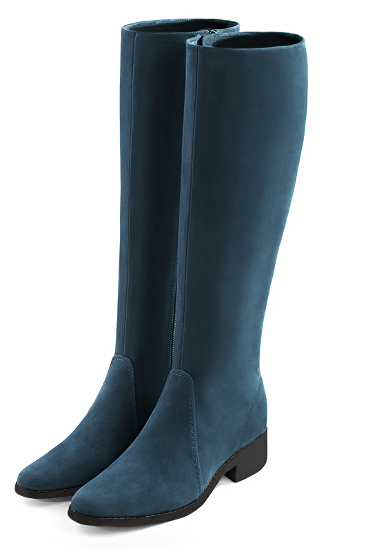 Peacock blue women's riding knee-high boots. Round toe. Low leather soles. Made to measure. Front view - Florence KOOIJMAN